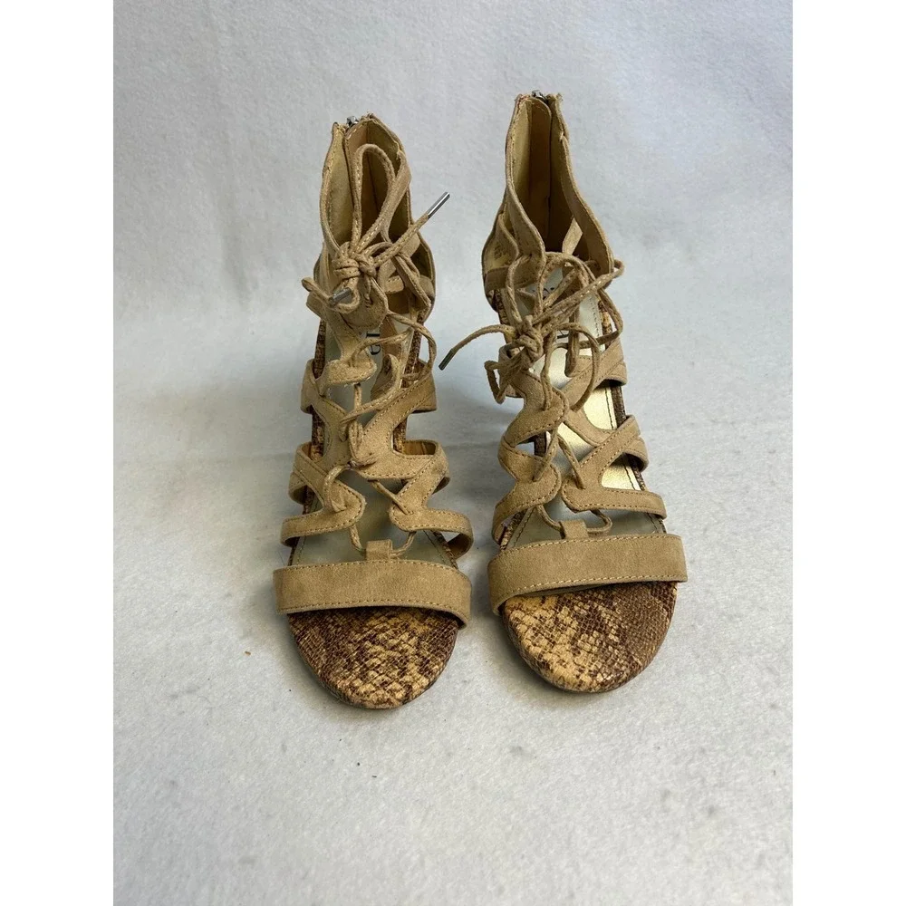 Boho Chic a.n.a Women 7.5M Tan Strappy Snakeskin Gladiator Lace Up Stiletto Heel - Picture 5 of 9